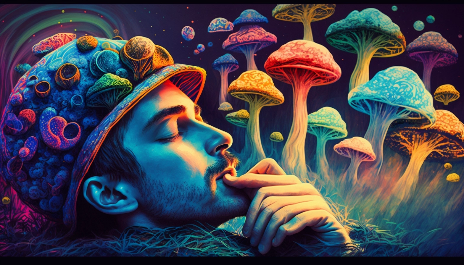 A colorful man sleeping on shrooms