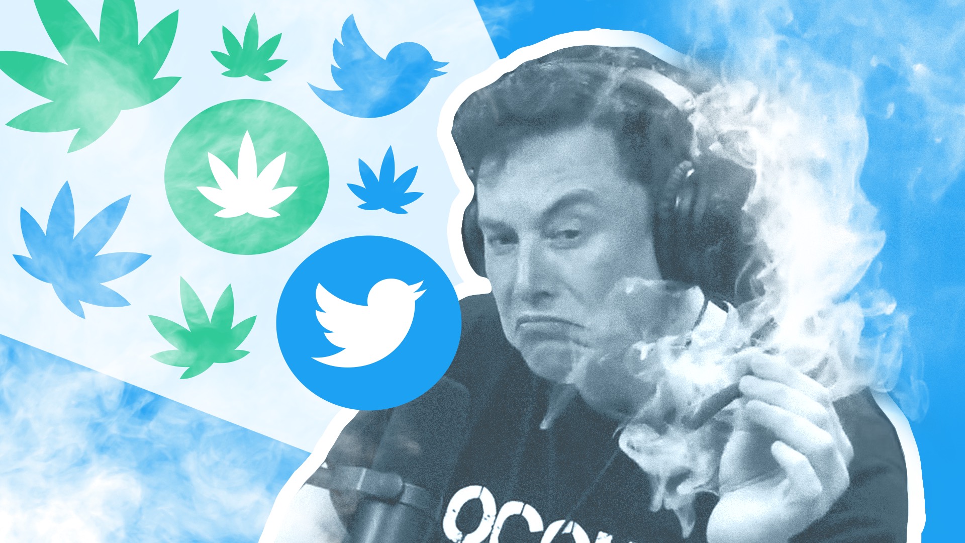 Elon Musk smokes weed on Joe Rogan podcast. (Joshua Titus illustration / Leafly)