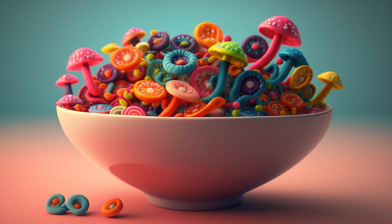 A colorful bowl of magic mushroom shroom gummies