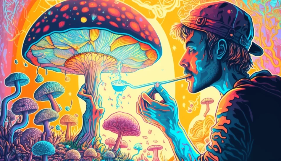 A colorful, fine line drawing of a young man eating magic mushrooms