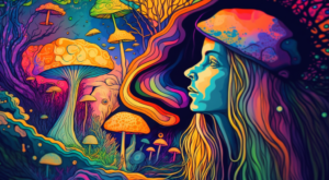 A psychedelic woman during a psilocybin therapy session