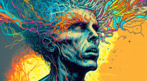A psychedelic man experiencing a headache after taking shrooms